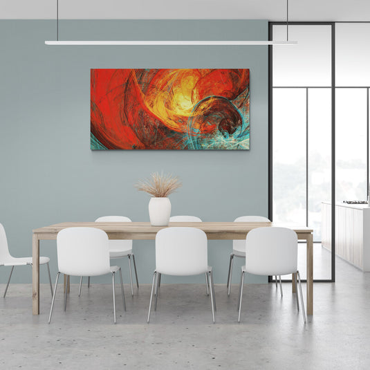  Cuadro abstracto con tonos cálidos de rojo, amarillo y naranja, contrastados con azul.