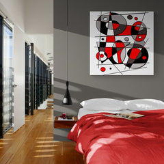 Obra de arte abstracto con formas geométricas en rojo, negro y blanco