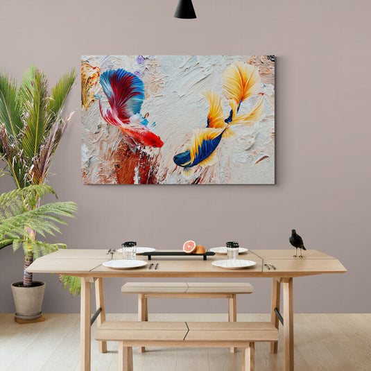 Pintura al óleo de dos peces betta de colores vibrantes sobre un fondo texturizado.