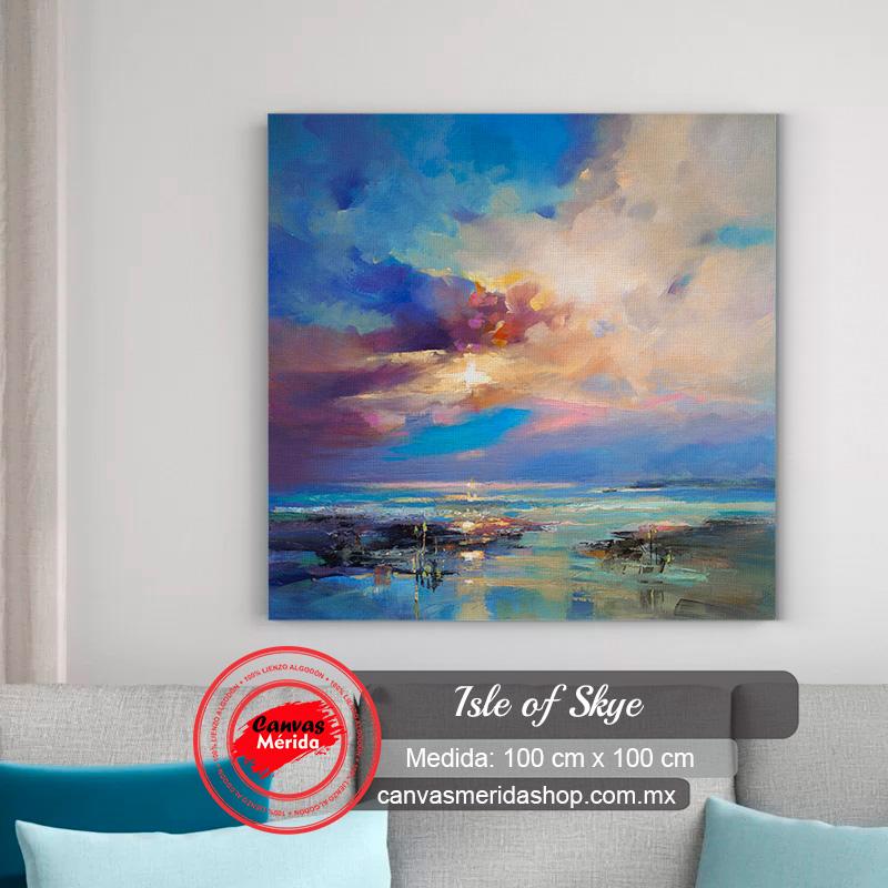 Pintura expresionista de un atardecer sobre el mar con cielo colorido