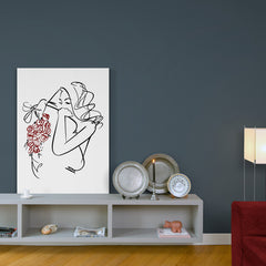 Ilustración minimalista de mujer con bouquet de rosas en estilo de línea