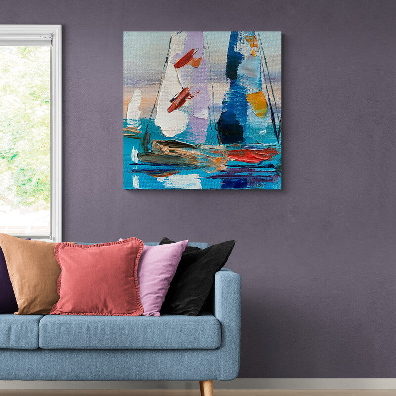Pintura al óleo abstracta con veleros coloridos y técnica de espátula