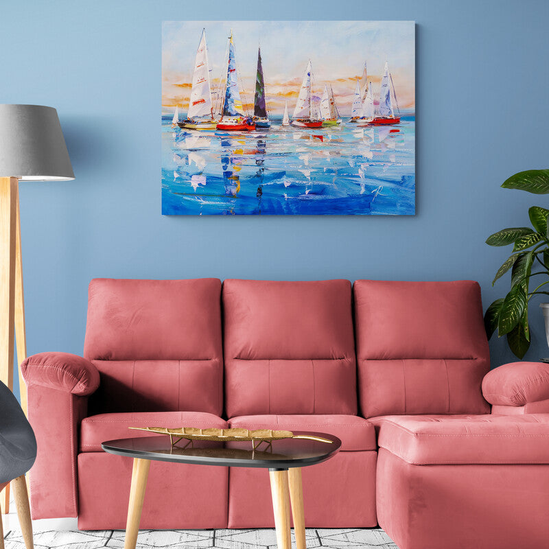 Pintura colorida de una regata de veleros en el mar