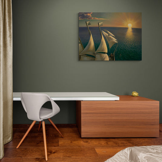 Pintura de un barco de velas al atardecer en el océano