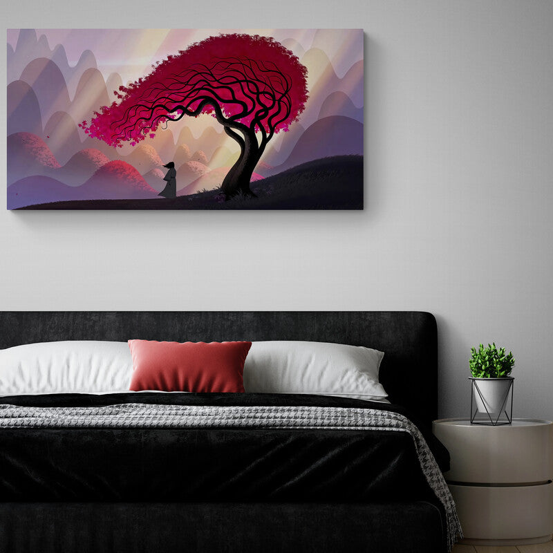 Cuadro decorativo: Árbol animado con hojas rojas, samurai y montañas en tonos lila y morado.