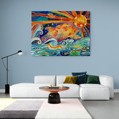 Pintura colorida que combina el mar con elementos del otoño y un sol decorativo.