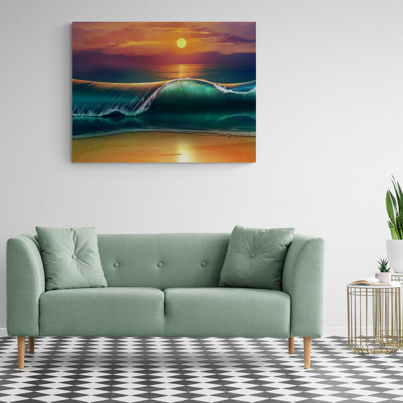 Pintura de una ola en el atardecer con reflejo del sol en el mar y la arena