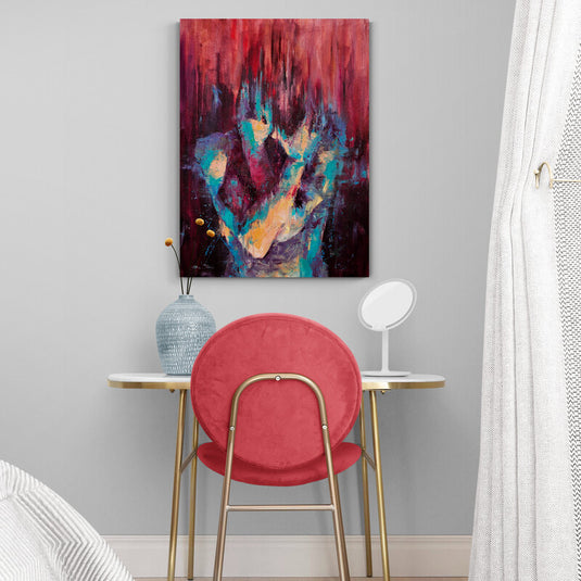 Pintura abstracta en tonos rojos, púrpura y turquesa, ideal para decoración moderna.