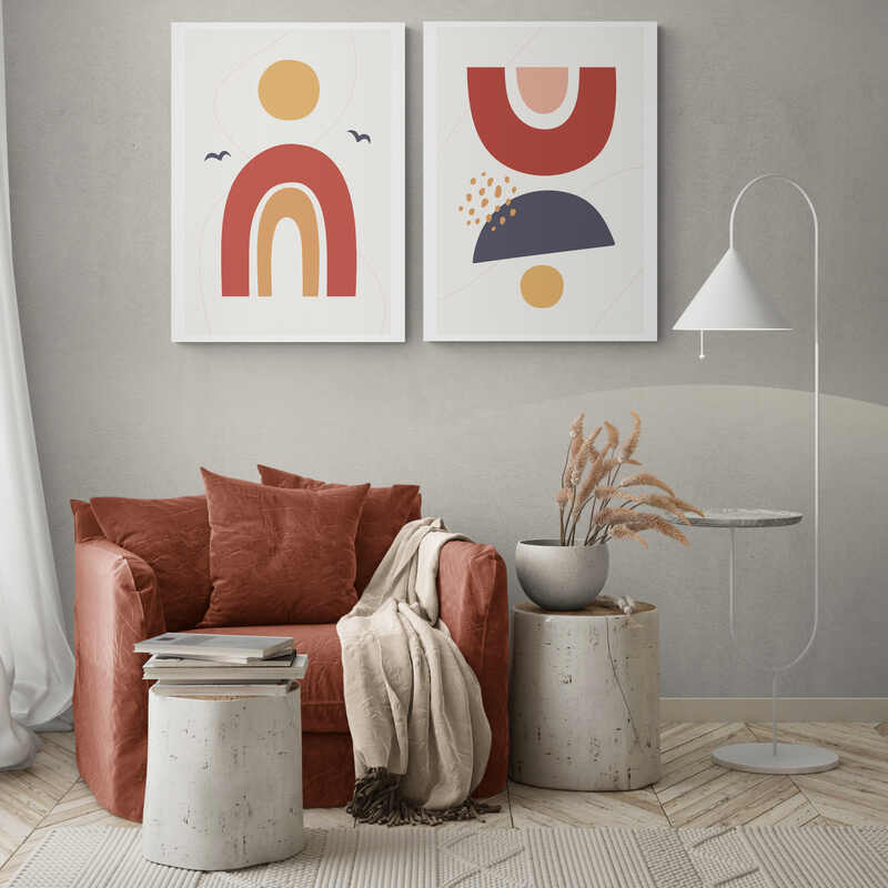 Set de cuadros geométricos minimalistas con tonos tierra y elementos naturales