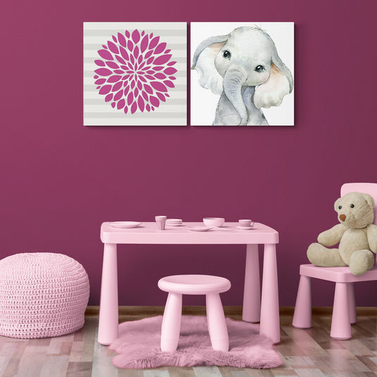 Motivo floral geométrico violeta junto a retrato acuarelado de elefante joven