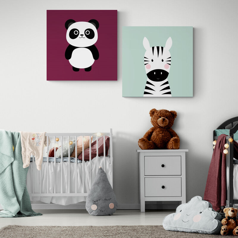 Cuadros minimalistas de panda y cebra con fondos contrastantes en tonos pastel para decoración moderna