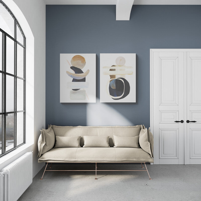 Cuadro decorativo contemporáneo: formas abstractas en tonos café, beige y negro sobre fondo blanco