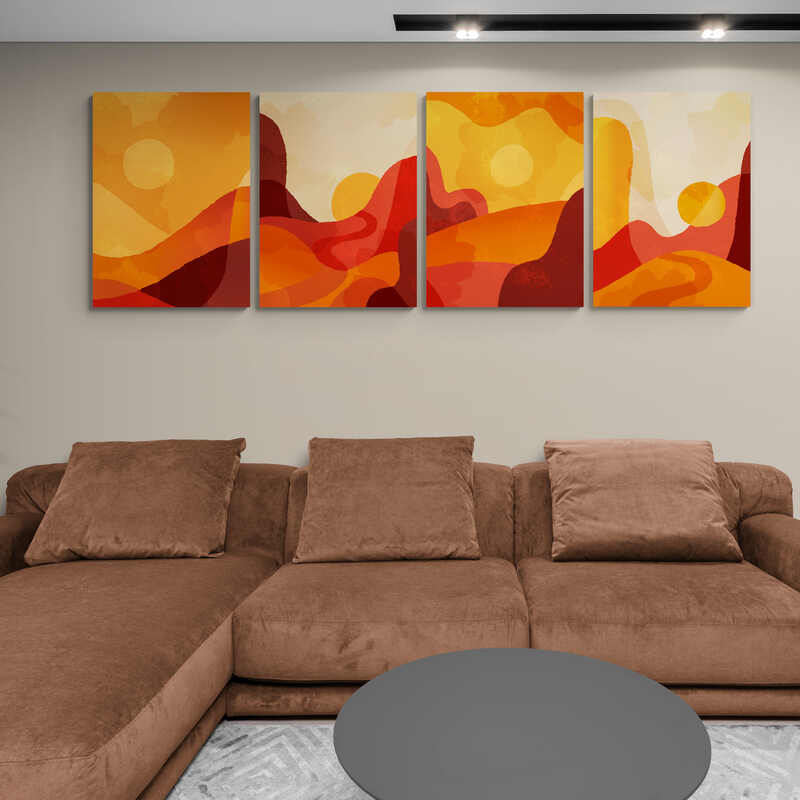 Tríptico abstracto con tonalidades cálidas de atardecer en gradaciones de amarillo, naranja y rojo