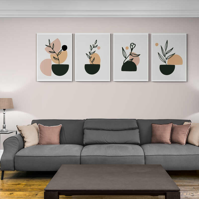 Conjunto de cuatro cuadros decorativos minimalistas con plantas estilizadas en macetas negras y paleta de colores neutros