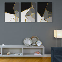 Serie de diseños abstractos con formas geométricas en tonos dorados, negros y blancos para decoración elegante y moderna