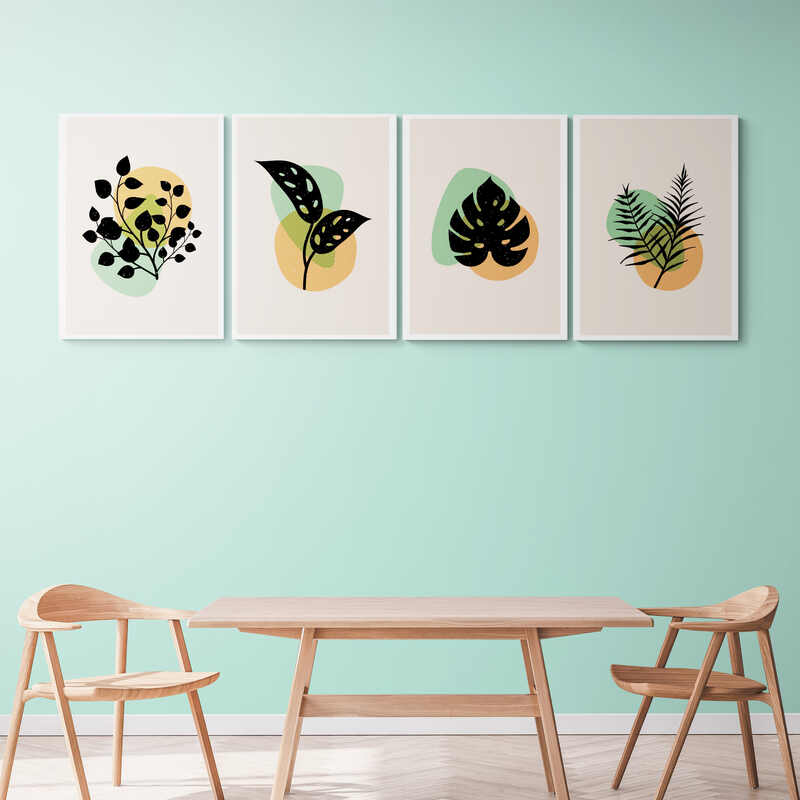 Conjunto de cuatro cuadros decorativos con hojas verdes estilizadas sobre fondos de colores pastel