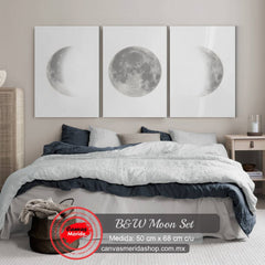 Tres cuadros minimalistas de fases lunares en fondo blanco con lunas grises