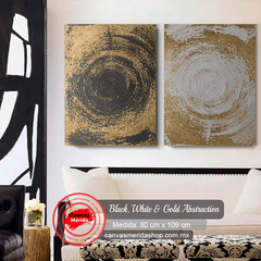 Díptico abstracto con espirales en oro y negro.
