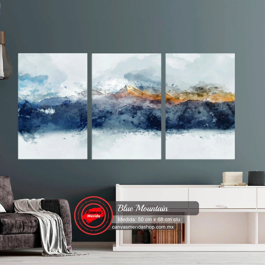 Tríptico de paisaje montañoso en acuarela con tonos azules y acentos dorados