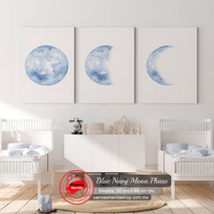 Fases lunares en acuarela - Representación artística de ciclo lunar en tonos azules