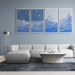 Set de cuadros decorativos con paisaje invernal, árboles desnudos y cielo estrellado en tonos azules