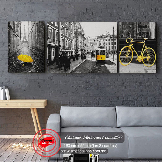 Set de cuadros decorativos Ciudades Modernas en blanco y negro con detalles amarillos – paraguas, tranvía y bicicleta – decoración urbana contemporánea