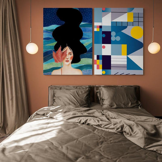 Retrato nocturno con silueta femenina y composición geométrica moderna