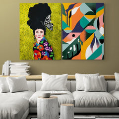 Retrato estilizado con mariposa y diseño abstracto colorido