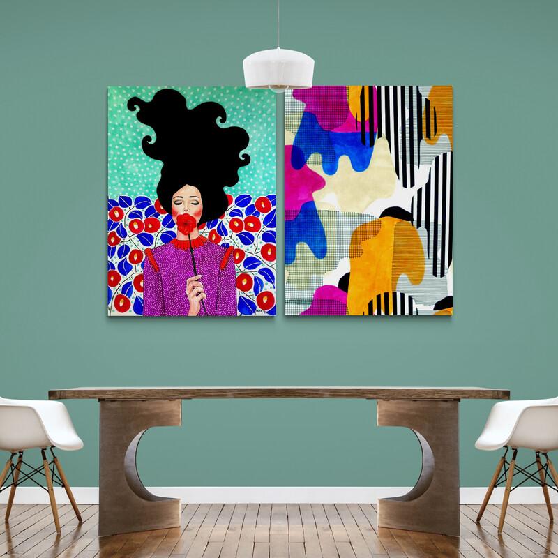 Fusión de Pop Art y Abstracción: Dama con Melena y Flores junto a Collage Colorido y Rayas