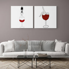 Cuadros minimalistas de figuras femeninas con copas de vino en tonos blanco, negro y rojo evocando pasión y dualidad