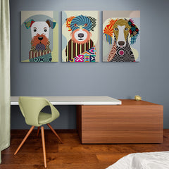 Retratos artísticos de perros con patrones geométricos y colores vibrantes para decoración contemporánea