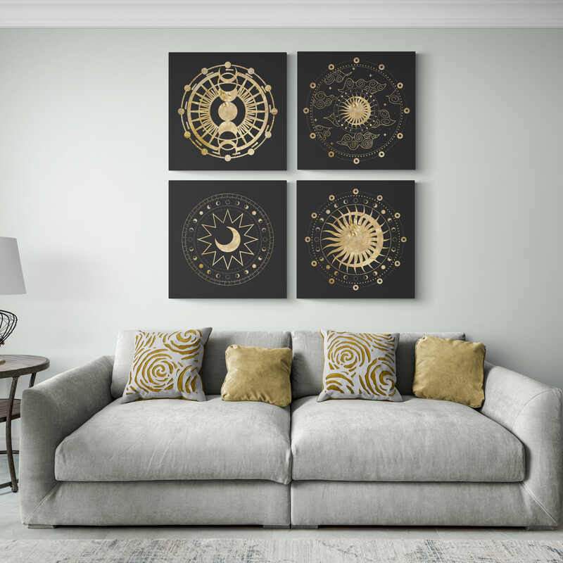 Set de cuadros decorativos con mandalas dorados y elementos celestiales sobre fondo negro