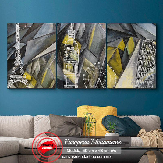 Set European Monuments (Eiffel Tower, Big Ben, Torre de Pisa) - Canvas Mérida Fine Print Art