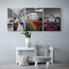 Set de cuadros: Venecia con barquito rojo, Coliseo con flores amarillas y rojas, y arquitectura destacada por flores fucsia y rosa.