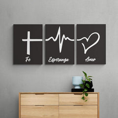 Set de cuadros negros con símbolos: cruz con 'fe', electrocardiograma blanco con 'esperanza' y corazón con 'amor