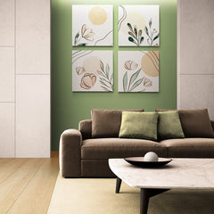 Conjunto de paneles decorativos minimalistas con flores estilizadas y círculos pastel