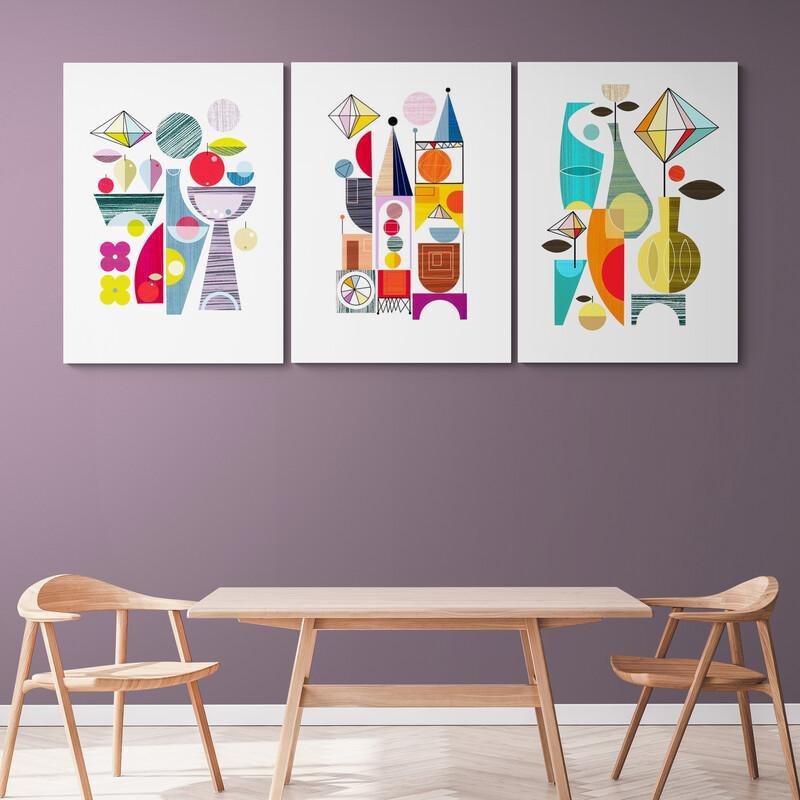 Conjunto minimalista de cuadros decorativos con formas variadas y colores brillantes sobre fondo blanco