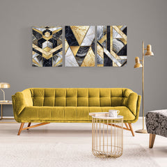 Set de cuadros decorativos con figuras geométricas fusionadas en tonos negro, amarillo brillante y gris.