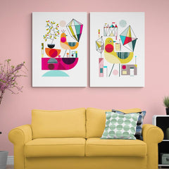 Set de cuadros decorativos: fondos blancos con figuras geométricas y pájaros en colores vivos como amarillo, verde, rojo, fucsia y rosa
