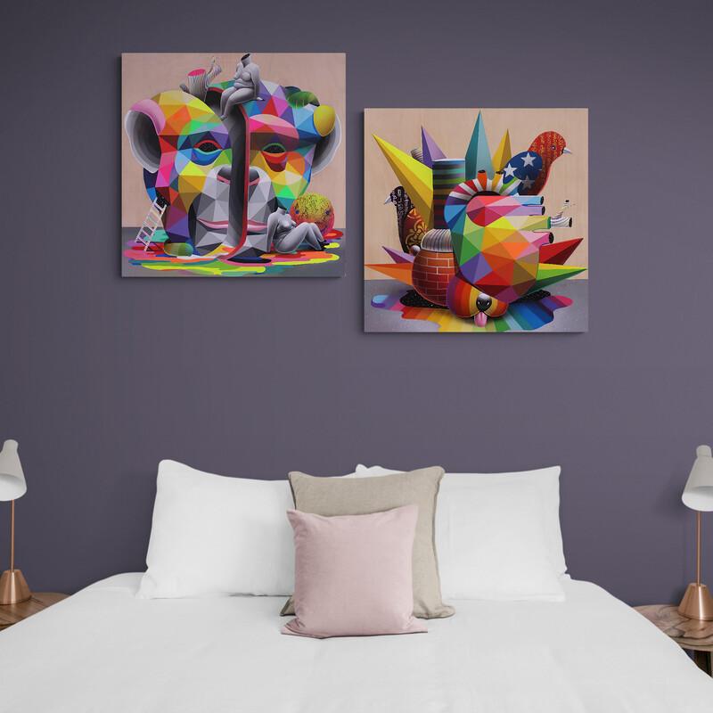 Set de cuadros decorativos beige: simio multicolor en estilo 3D y pájaros geométricos vibrantes con efecto tridimensional.