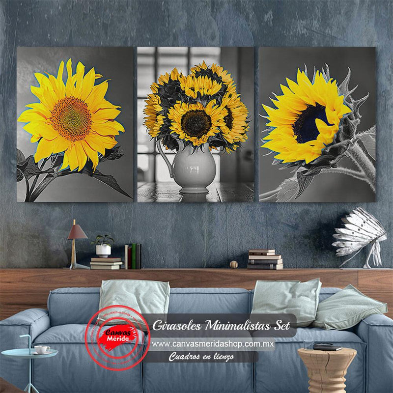 Set de cuadros decorativos en fondo gris: girasoles amarillos con estética fotográfica.