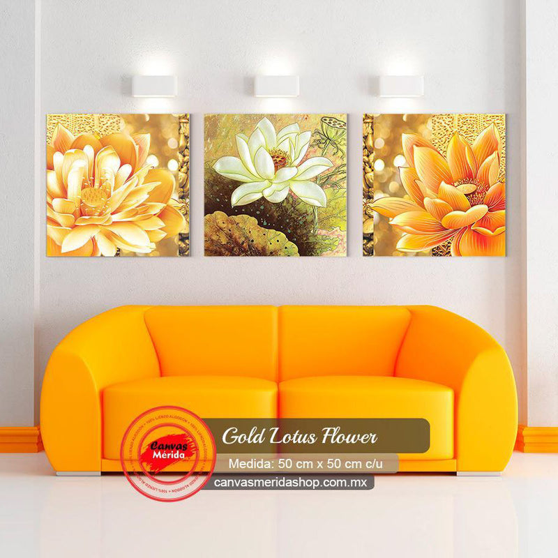 Tríptico de flores de loto en dorado, blanco y naranja con detalles intrincados y fondos lumínicos