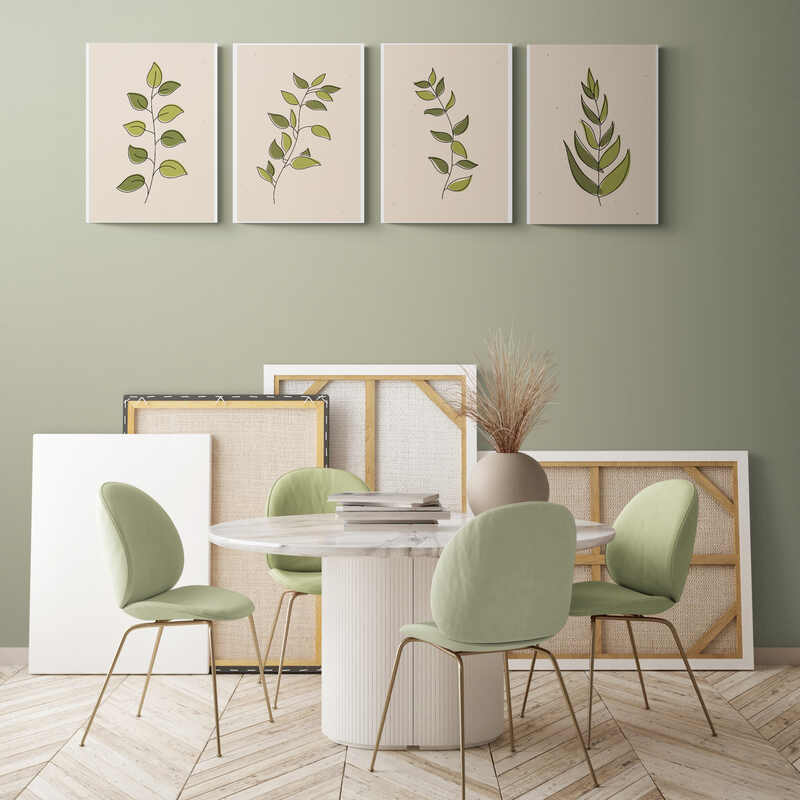 Conjunto de cuatro cuadros decorativos con variedades de hojas verdes estilizadas en fondo neutro