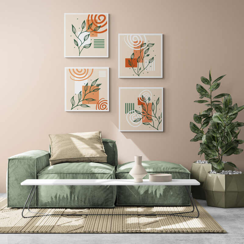 Colección de Cuatro Cuadros Decorativos con Elementos Botánicos y Diseños Geométricos en Tonos Verdes y Naranjas