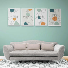 Cuatro cuadros decorativos lineales con manos en gestos expresivos y formas geométricas en tonos verdes y naranjas