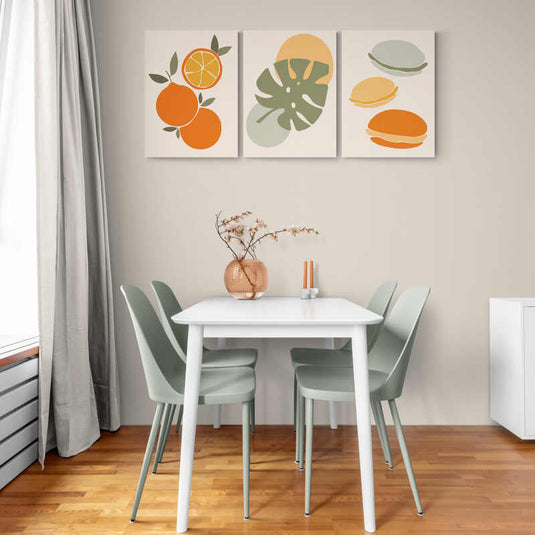 Frutas cítricas y hojas tropicales en estilo gráfico para decoración de cocina