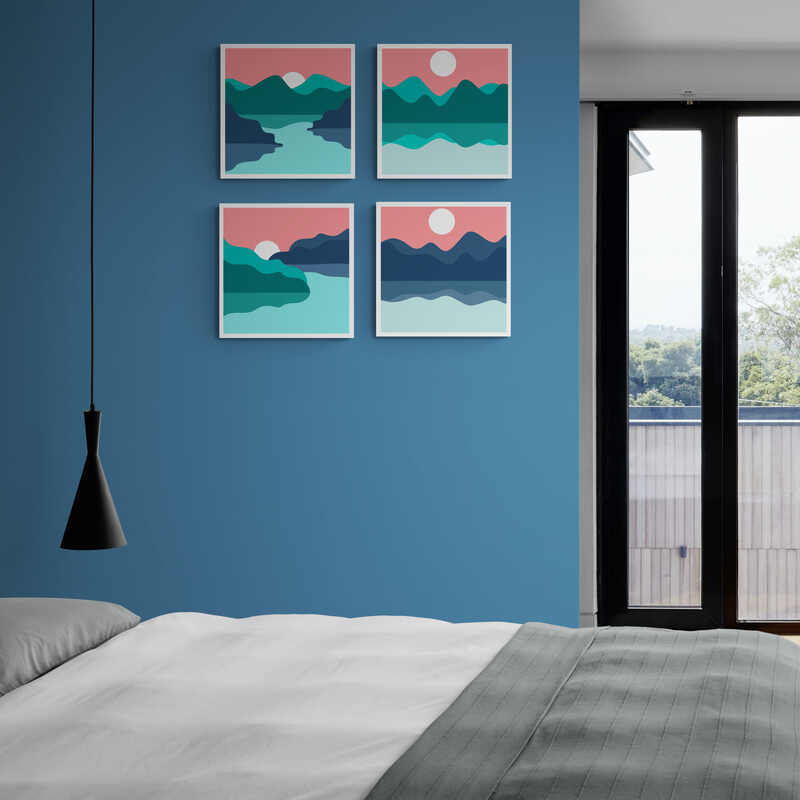 Conjunto de Cuatro Cuadros Decorativos Abstractos de Paisajes Lacustres con Montañas en Tonos Azules, Verdes y Rosas