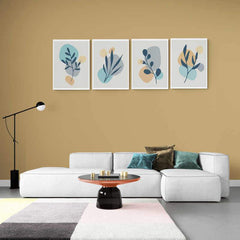 Set de 4 cuadros minimalistas con marialuisa blanca y fondo rosa: ramitas delicadas con formas redondas en azul turquesa, amarillo pastel y gris