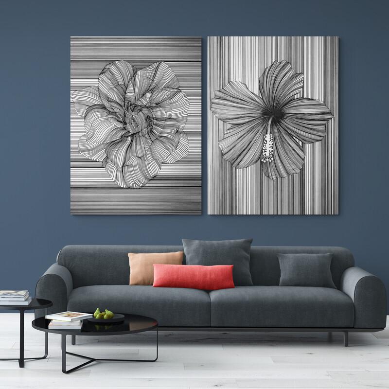 Dúo de cuadros minimalistas con diseño lineal blanco y negro formando flores abstractas.