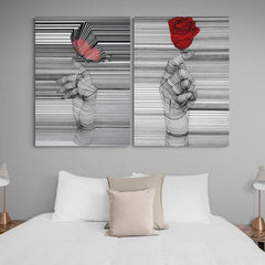 Set de cuadros minimalistas con diseño lineal blanco y negro: manos sosteniendo mariposa rosa y rosa roja destacada.